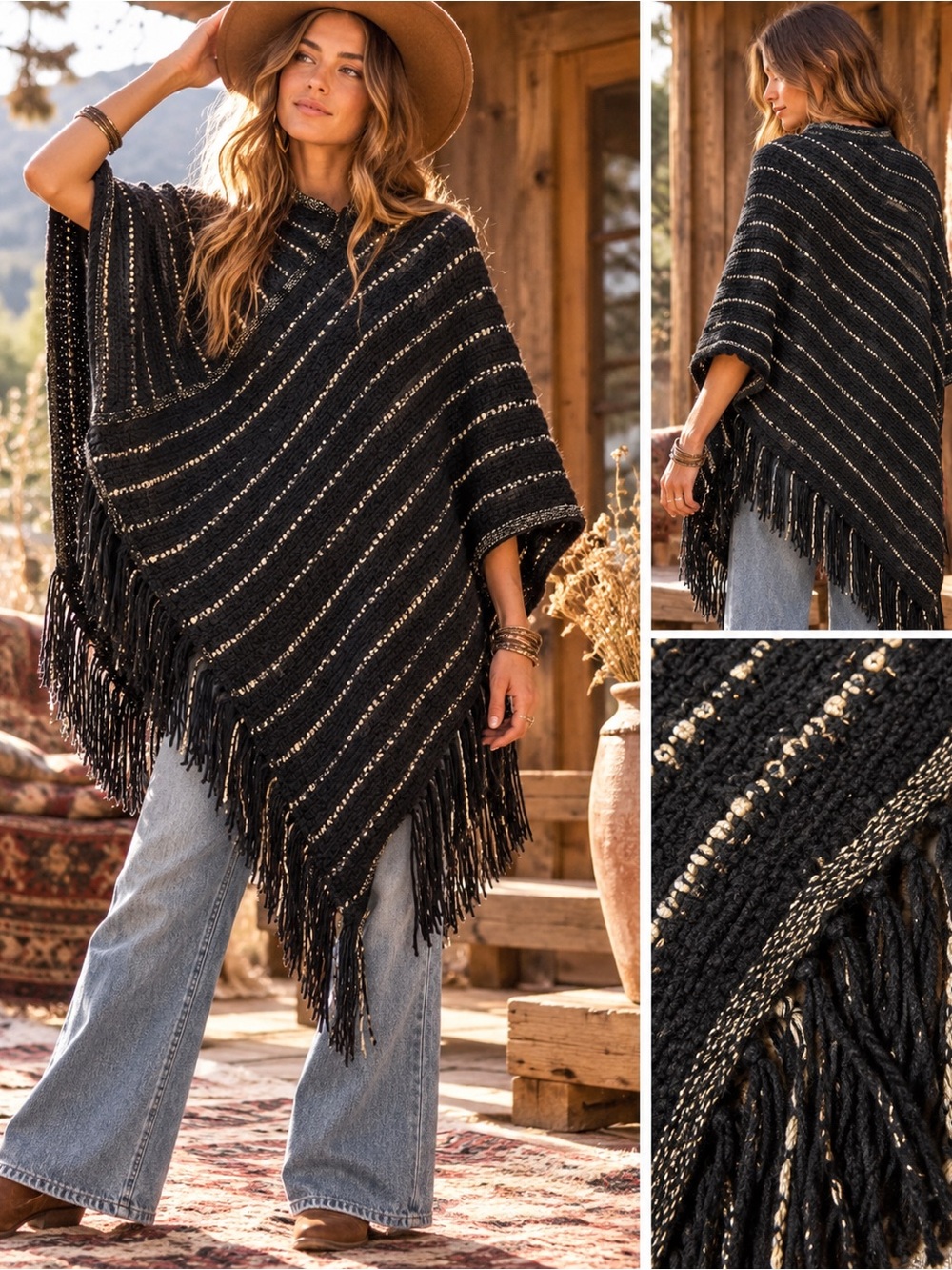 Couture Gems Shawl Wrap Womens One Size Black Gold Striped Knit Fringe Hem